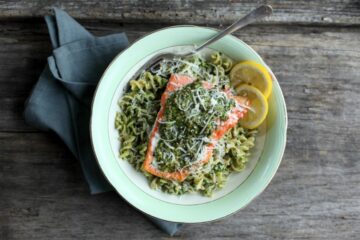 Baked Salmon with Spinach and Basil Pesto Pasta
