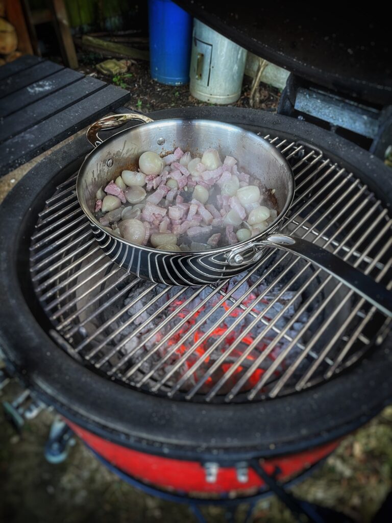 Saute Pan on the BBQ for BBQ Beef Bourguignon by BBQ Explorers